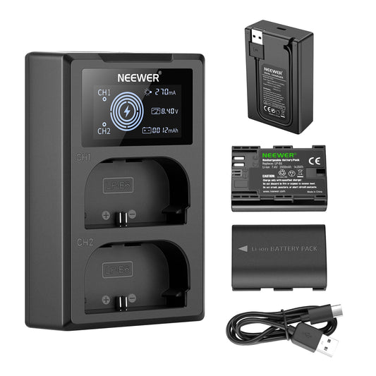 NEEWER 2-Pack LP-E6 2000mAh Canon Replacement Battery Charger Set