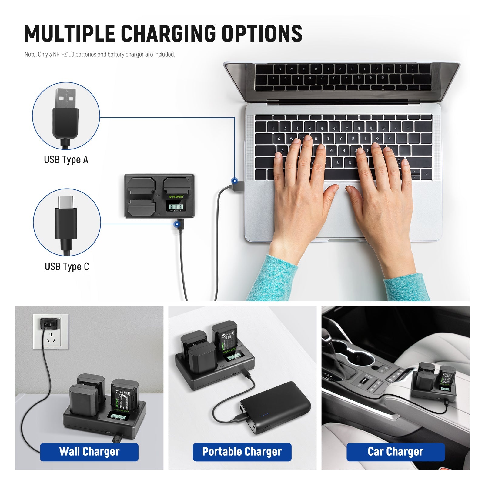 NEEWER 3 Pack NP-FZ100 Sony Replacement Battery and Charger Set