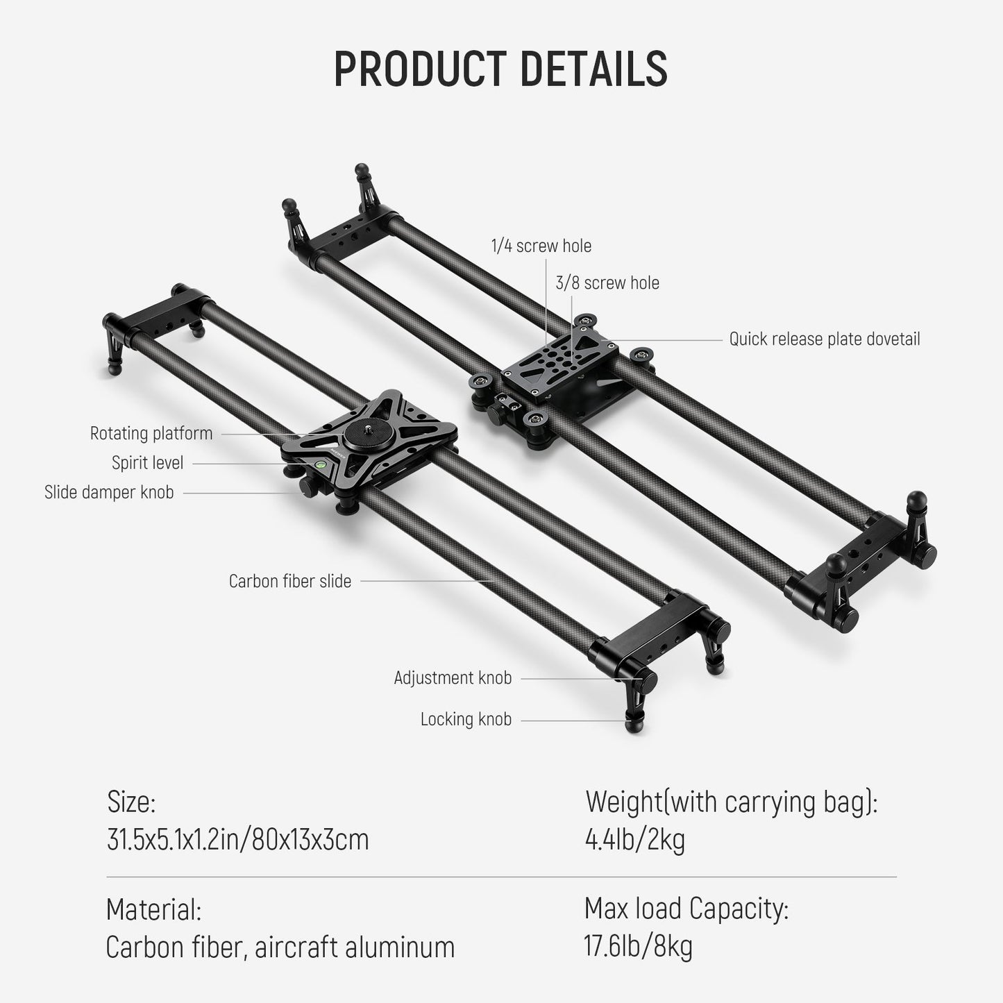 NEEWER CS120CM 47.2in/120cm Carbon Fiber Camera Slider