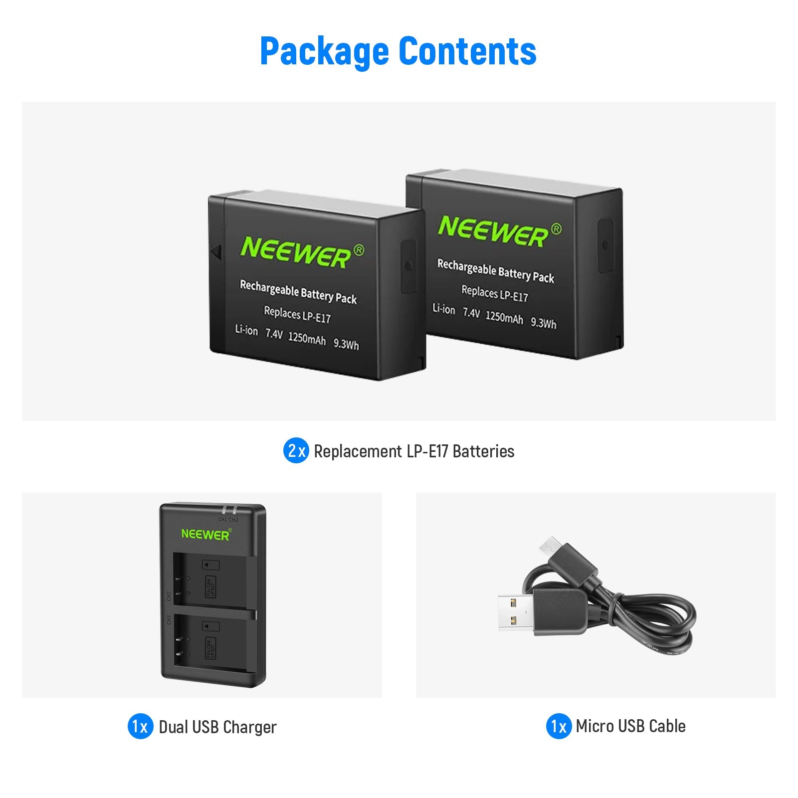 NEEWER 2-Pack LP-E17 Replacement Battery Charger Set for Canon