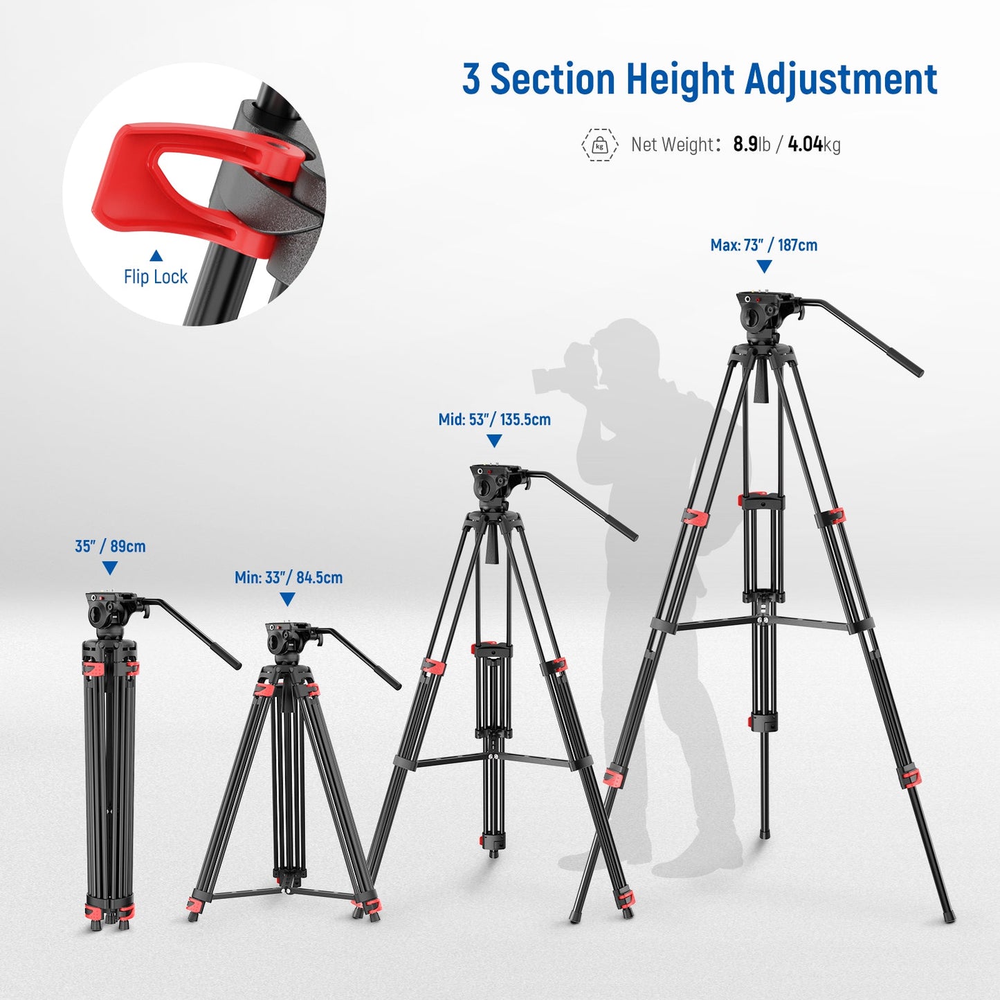 NEEWER TP37 74" Video Tripod for Camera with Fluid Head