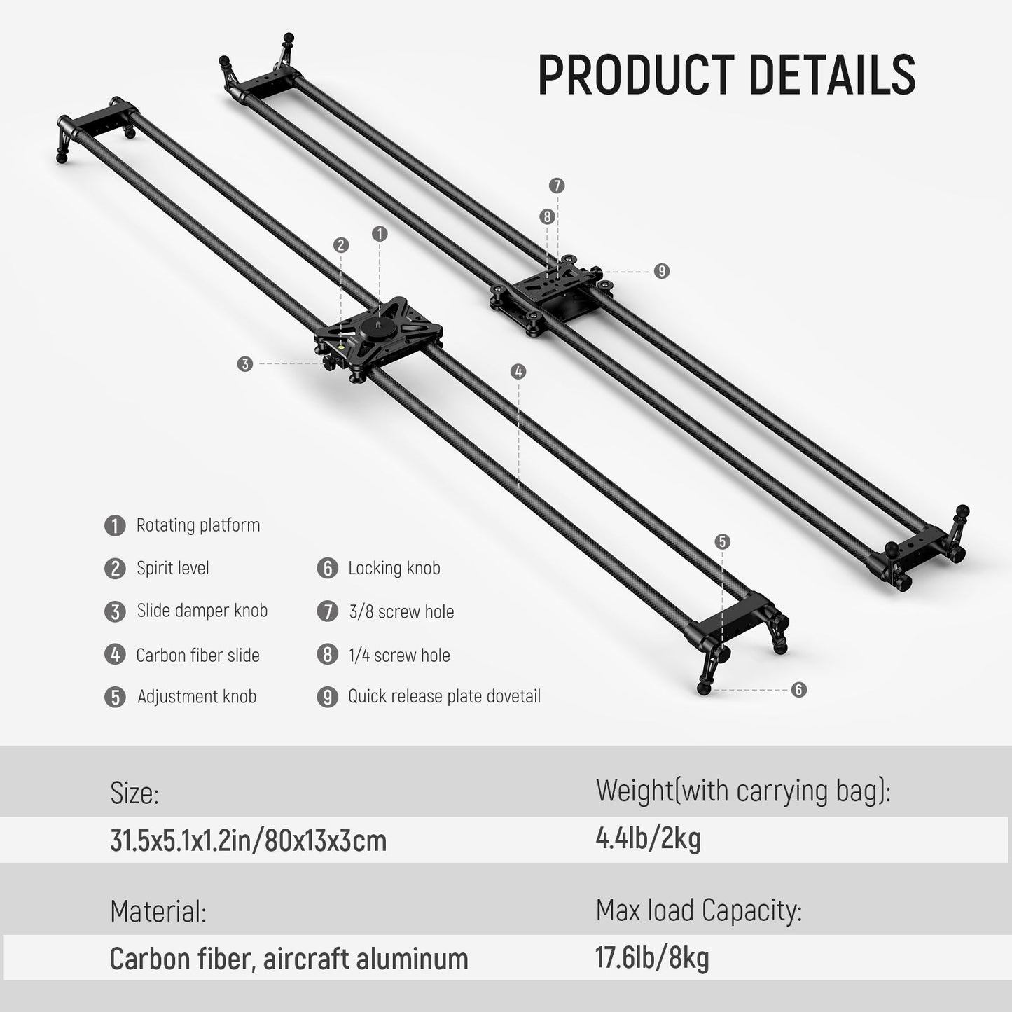 NEEWER CS120CM 47.2in/120cm Carbon Fiber Camera Slider