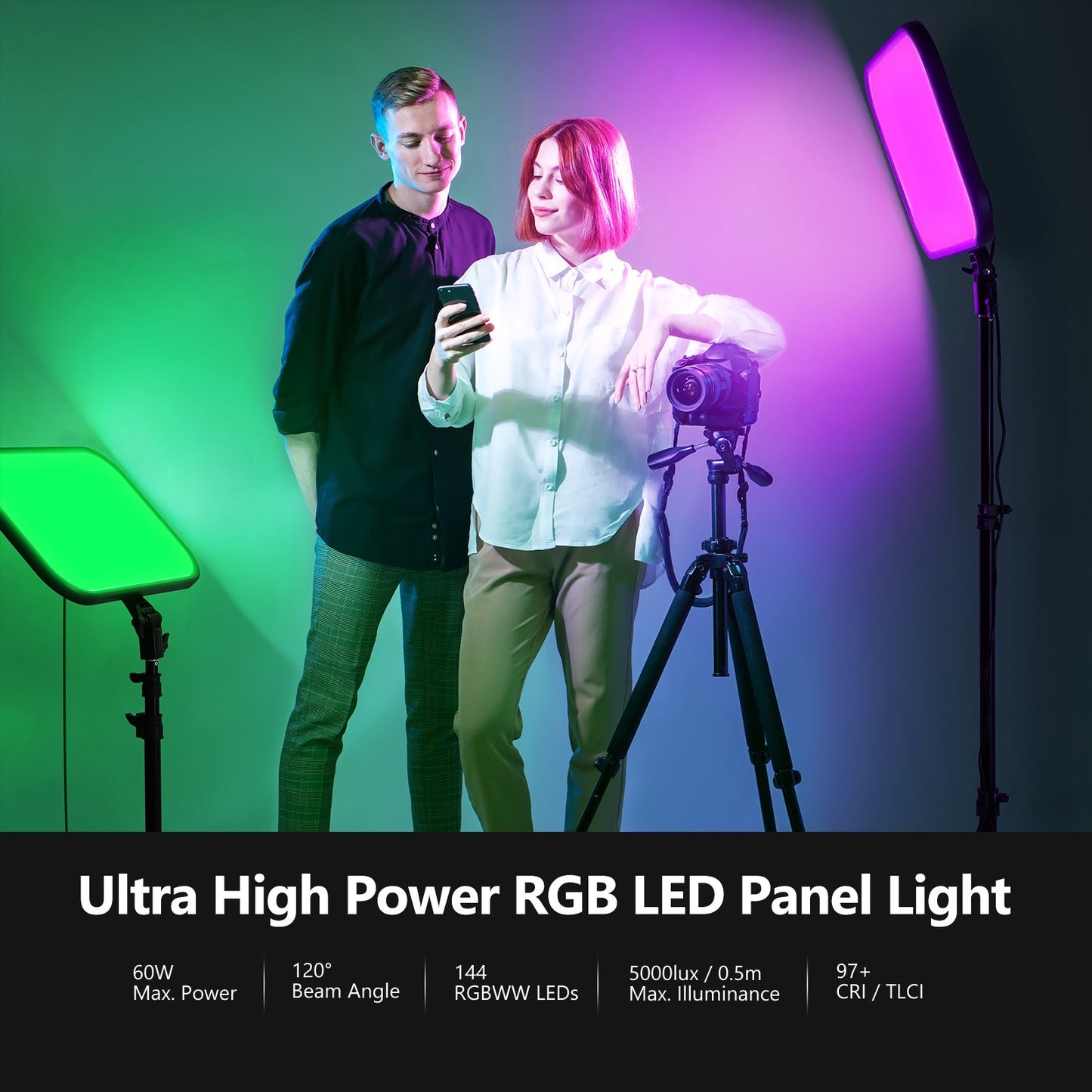 60W Dimmable 2500K-8500K LED Panel NEEWER 18.3" RGB LED Video Light Panel with App Control Stand Kit 2 Packs