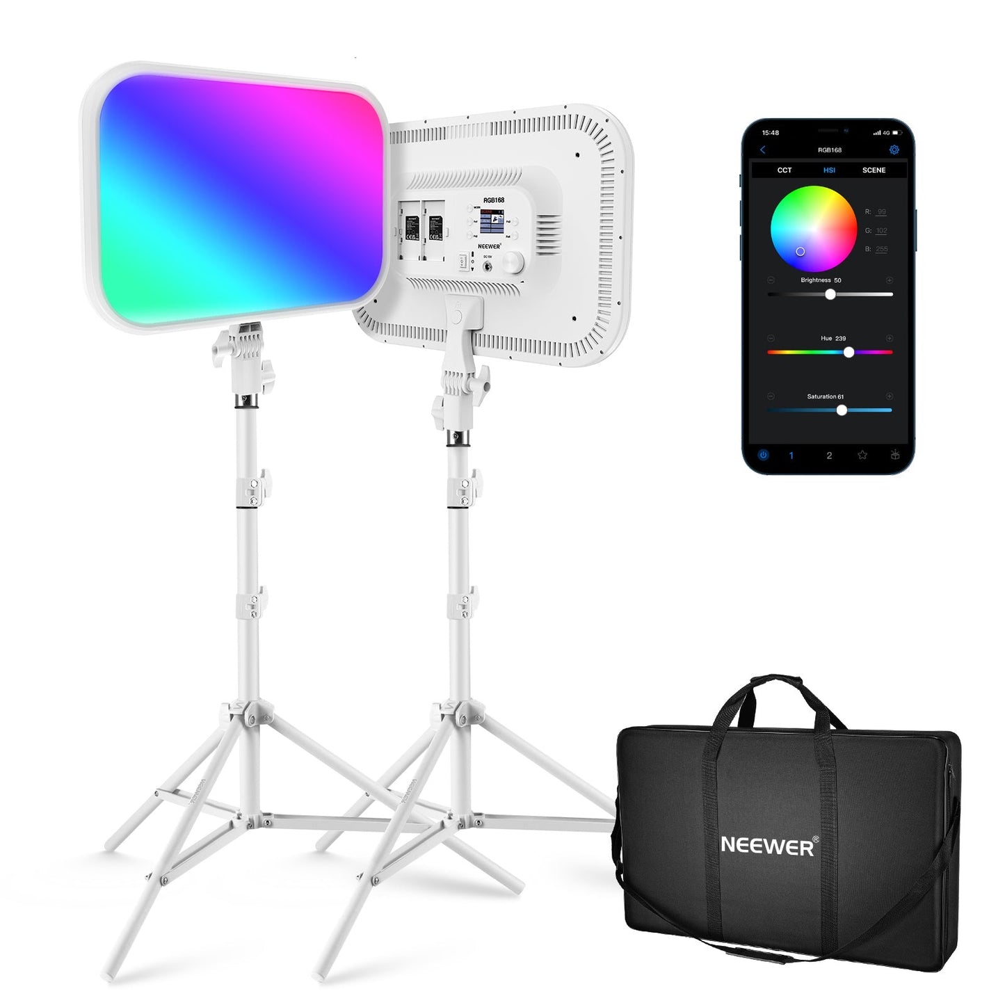 60W Dimmable 2500K-8500K LED Panel NEEWER 18.3" RGB LED Video Light Panel with App Control Stand Kit 2 Packs