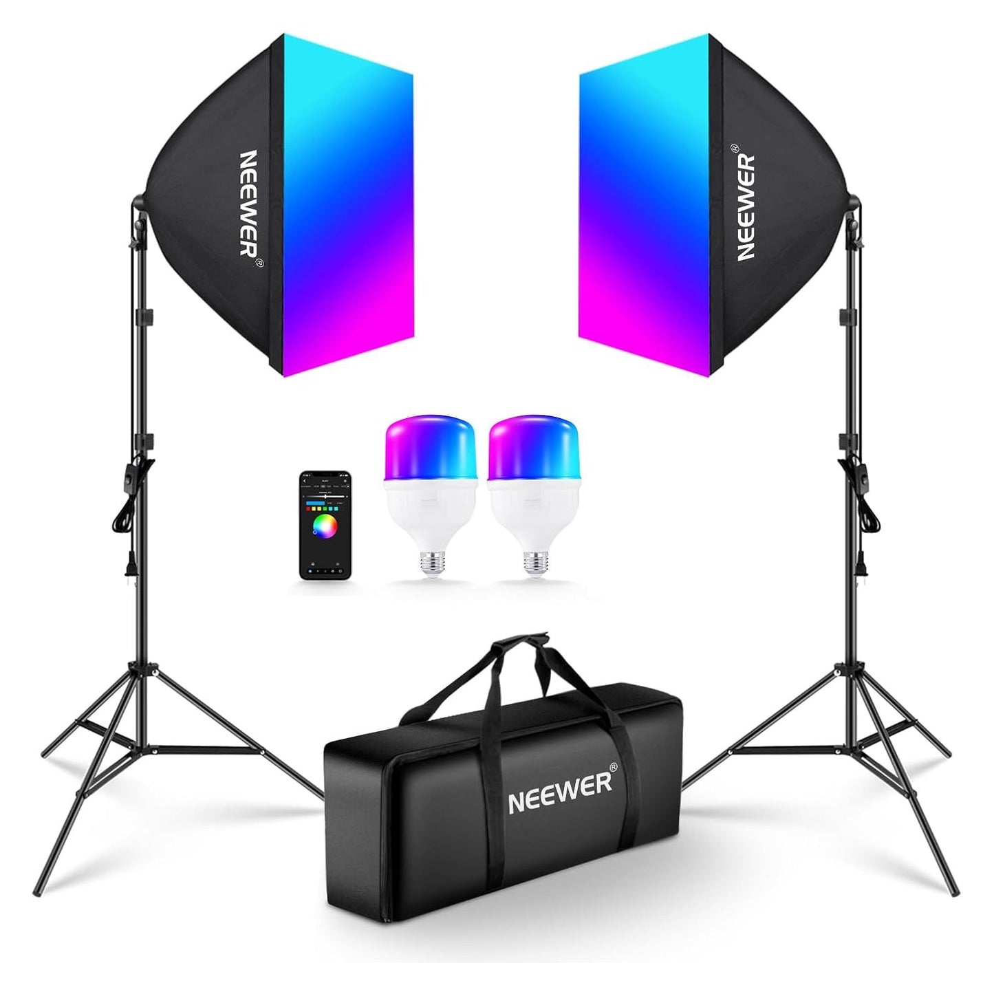 RGB1200 Studio Photography Lamp 60W RGB LED Video Light Kit APP 2.4G Control Video Lighting with Barndoor