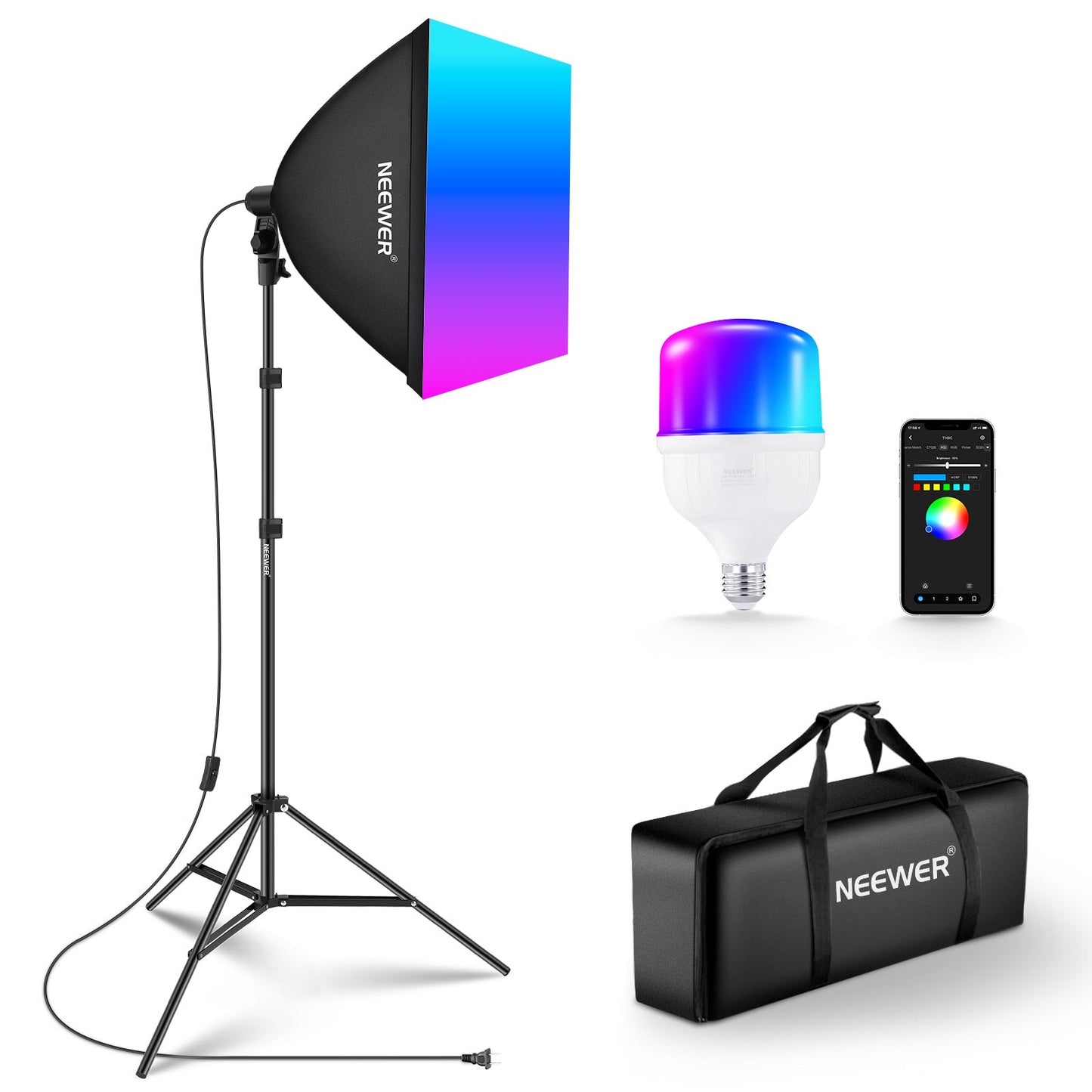 RGB1200 Studio Photography Lamp 60W RGB LED Video Light Kit APP 2.4G Control Video Lighting with Barndoor