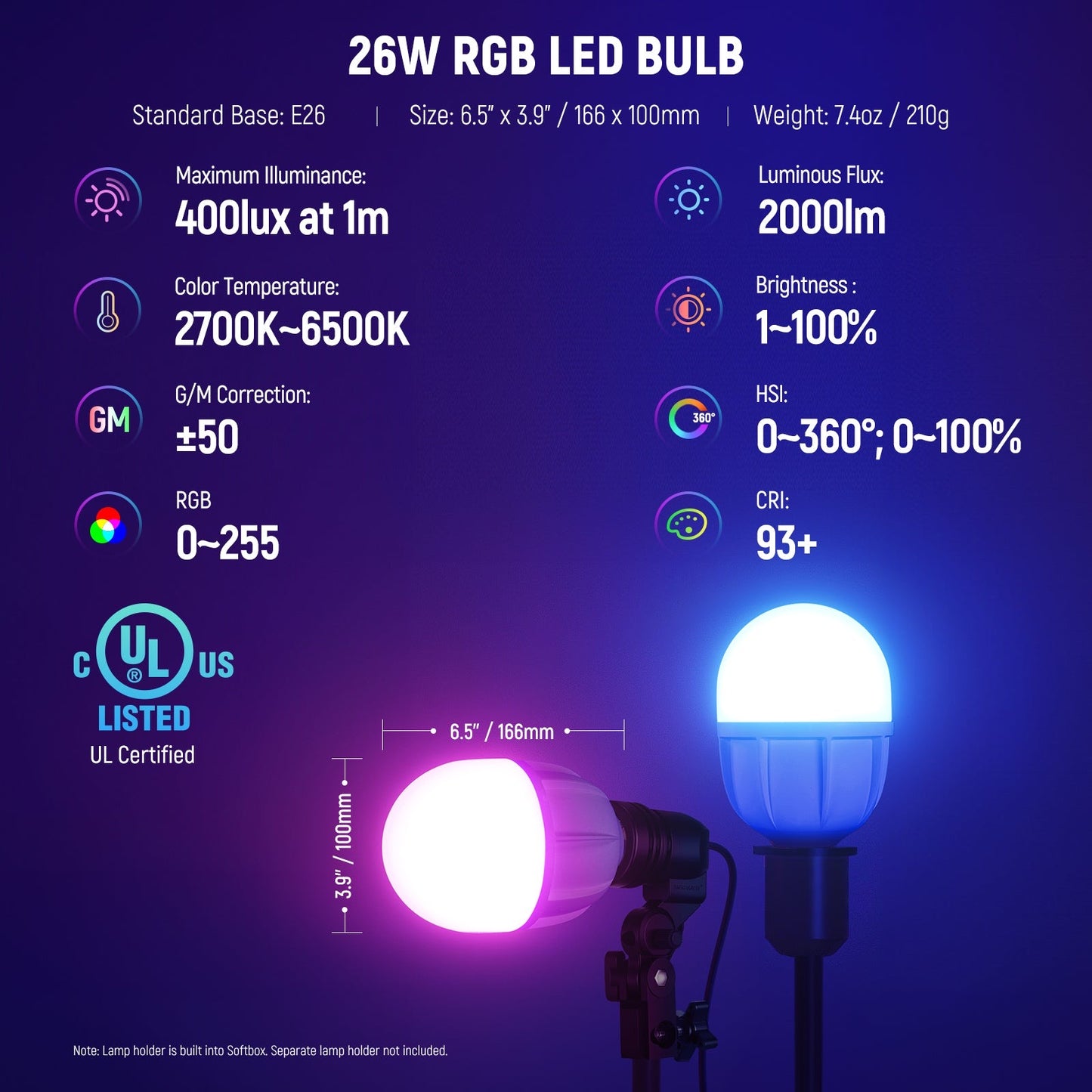 RGB1200 Studio Photography Lamp 60W RGB LED Video Light Kit APP 2.4G Control Video Lighting with Barndoor