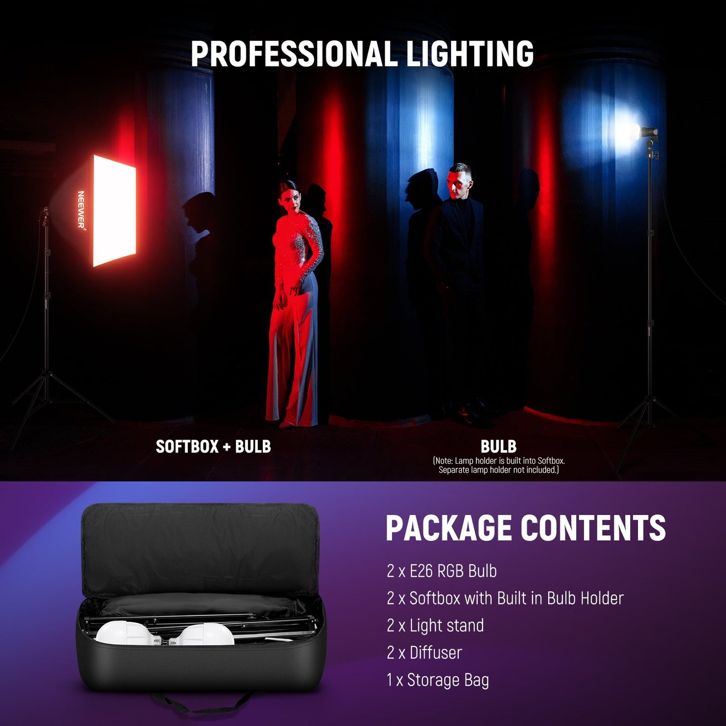 RGB1200 Studio Photography Lamp 60W RGB LED Video Light Kit APP 2.4G Control Video Lighting with Barndoor