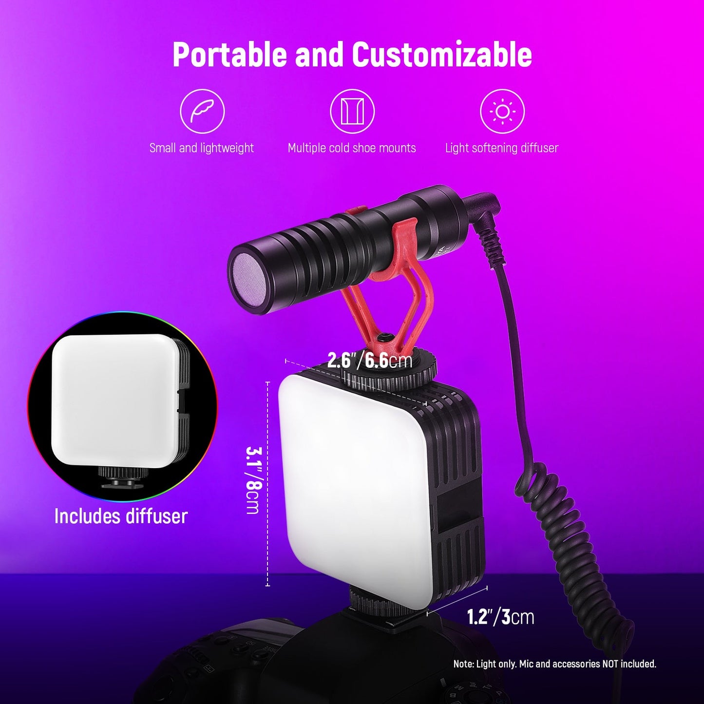 Magnetic RGB Video Light Full Color RGB61 LED Camera Light with 3 Cold Shoe Mounts Small Panel Light