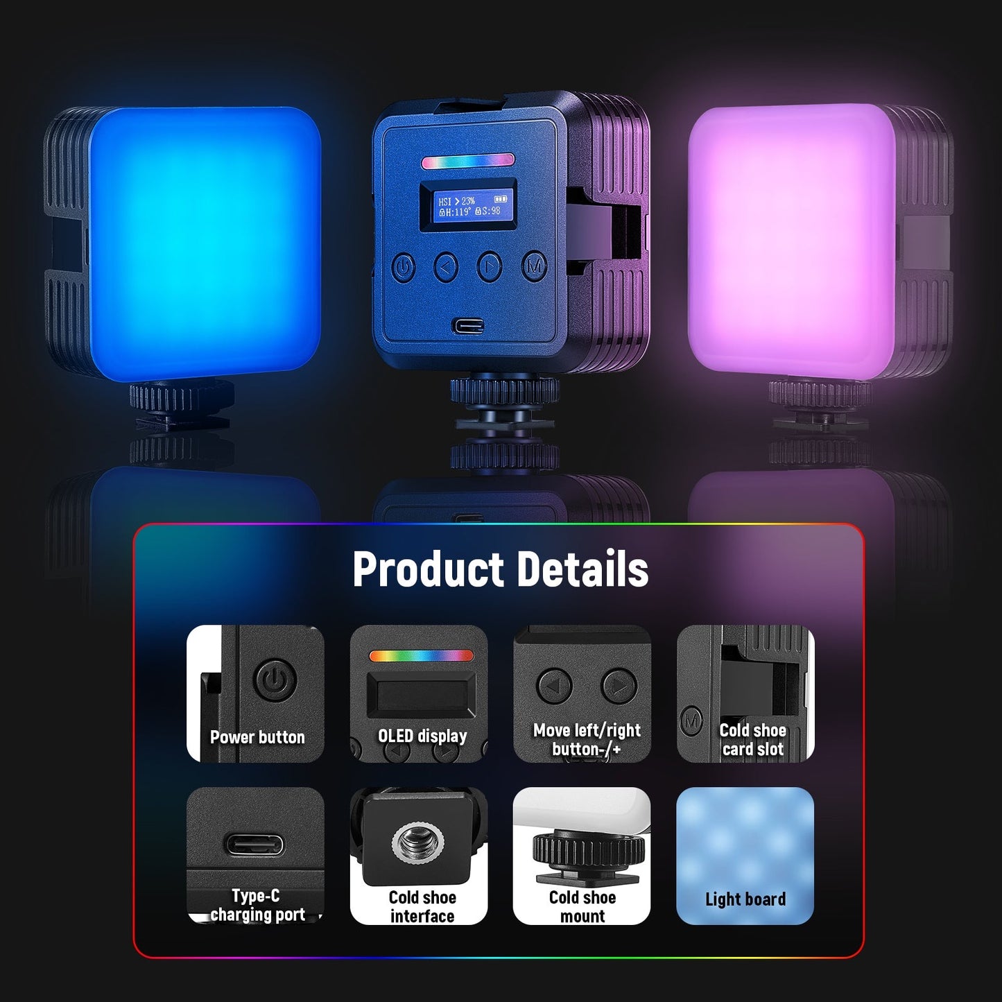 Magnetic RGB Video Light Full Color RGB61 LED Camera Light with 3 Cold Shoe Mounts Small Panel Light