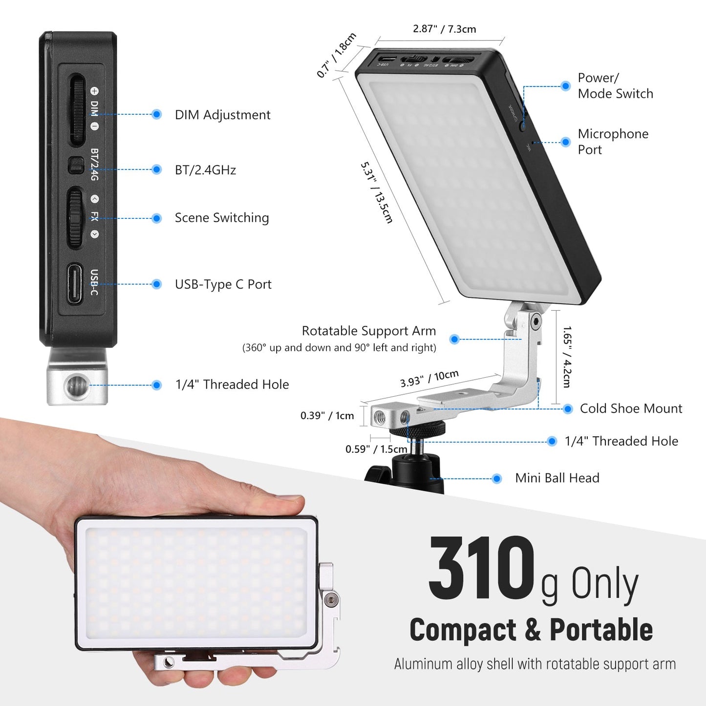 Aluminum Alloy Body Camera Light Panel 12W 4300mAh Battery 2500-10000K CRI97 Neewer Panel Lighting RGB Video Light