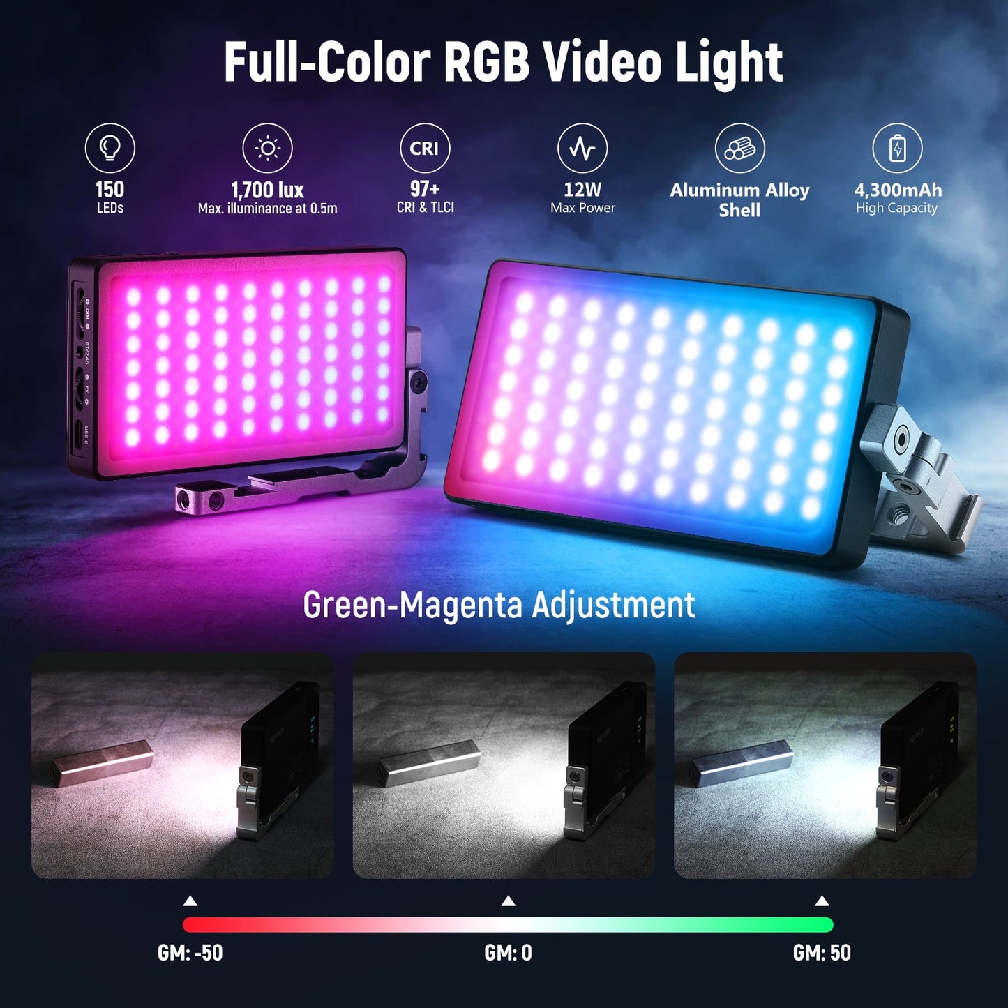 Aluminum Alloy Body Camera Light Panel 12W 4300mAh Battery 2500-10000K CRI97 Neewer Panel Lighting RGB Video Light