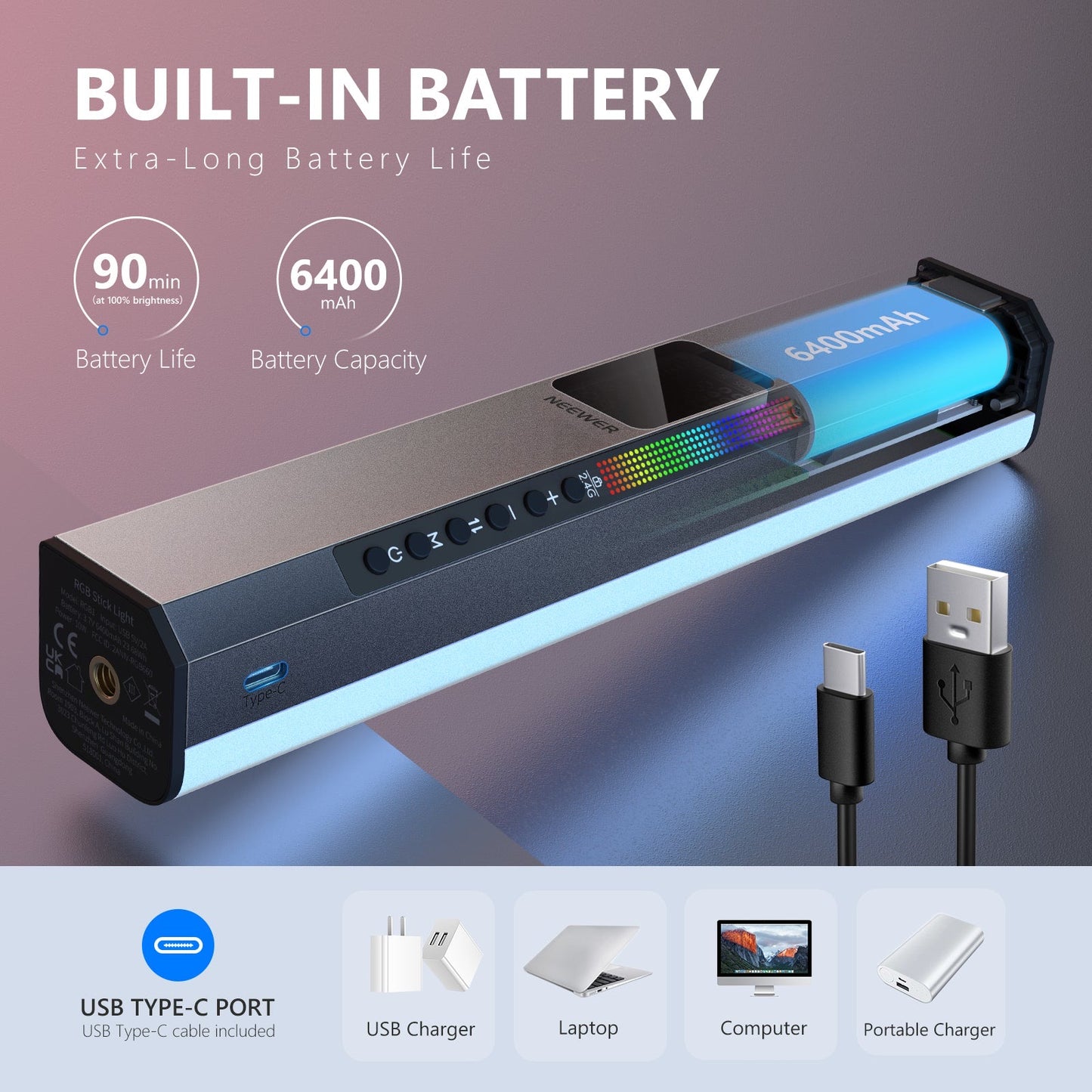 RGB LED Video Light Stick, Touch Bar & APP Control, Magnetic Handheld Photography Light, Dimmable 3200K~5600K CRI98+