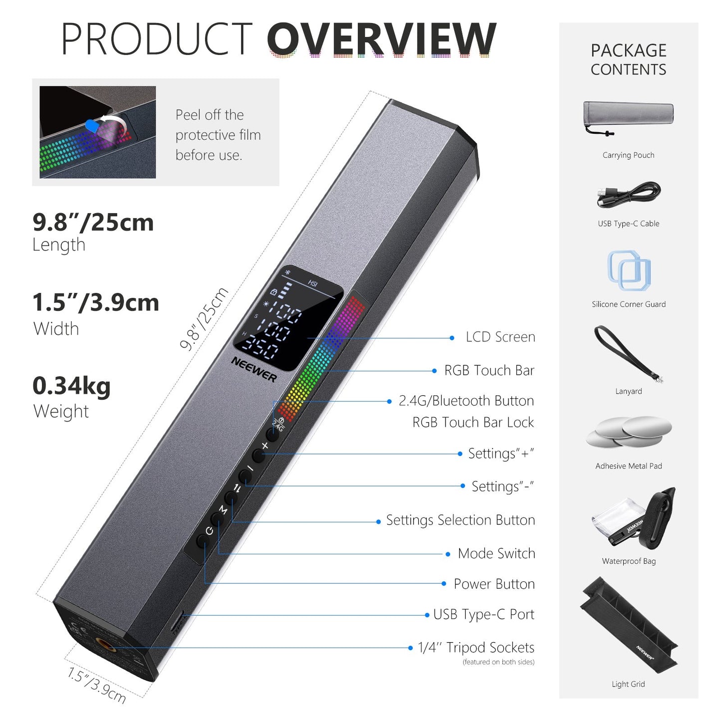 RGB LED Video Light Stick, Touch Bar & APP Control, Magnetic Handheld Photography Light, Dimmable 3200K~5600K CRI98+