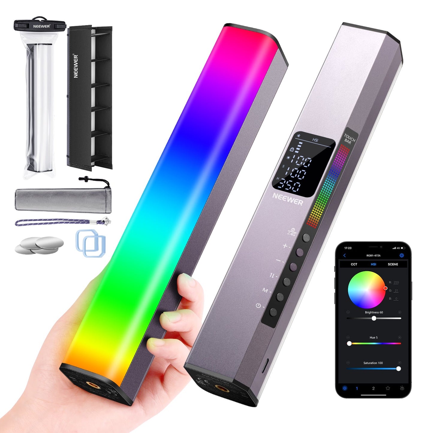 RGB LED Video Light Stick, Touch Bar & APP Control, Magnetic Handheld Photography Light, Dimmable 3200K~5600K CRI98+