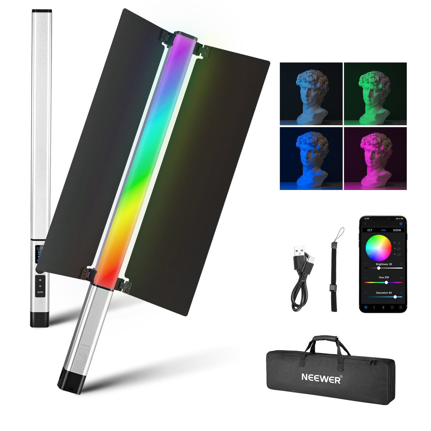 2500K-10000K Photography Tube Light NEEWER CL124 RGB Handheld LED Light Stick Light Wand with APP Control & Metal Barndoor