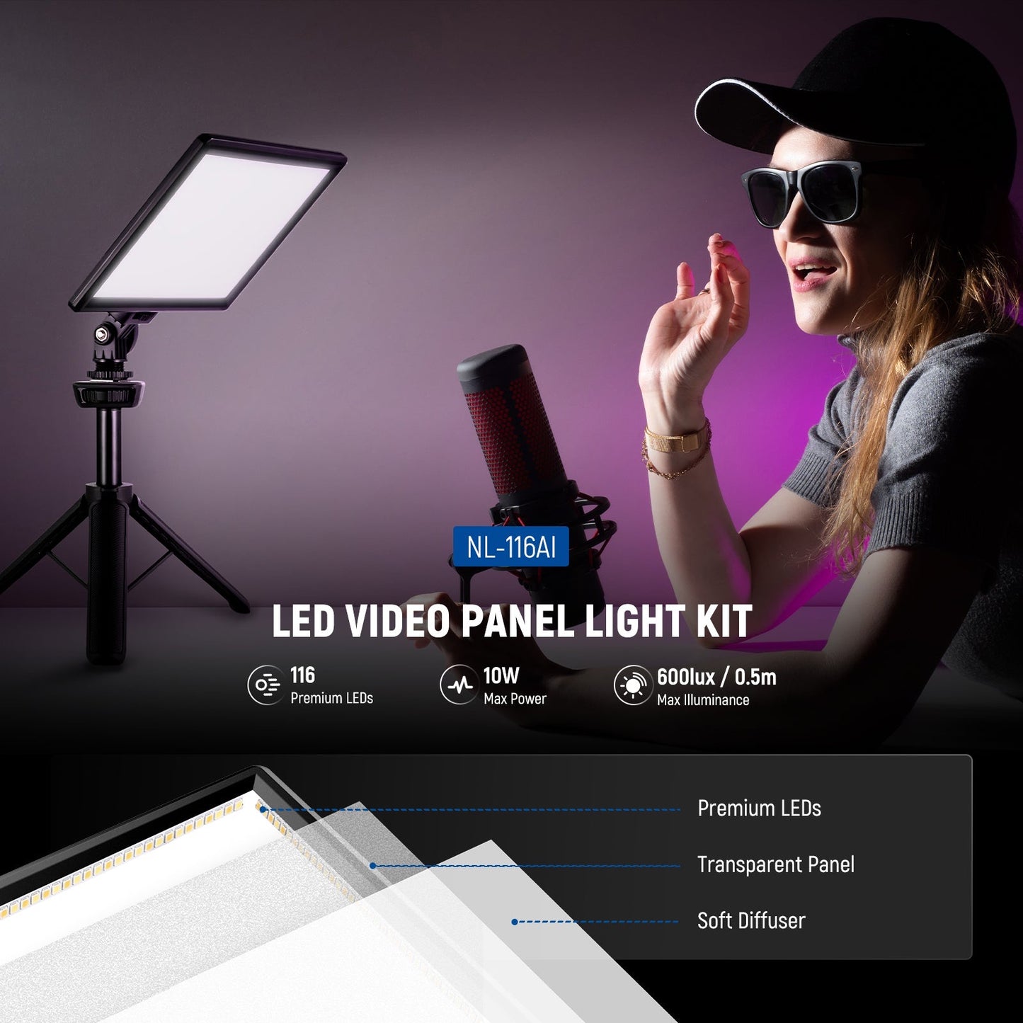 Light LED Video Panel,3300K-5600K Vlog Lighting, for Conference Live Broadcast Studio Photography Recording with Battery