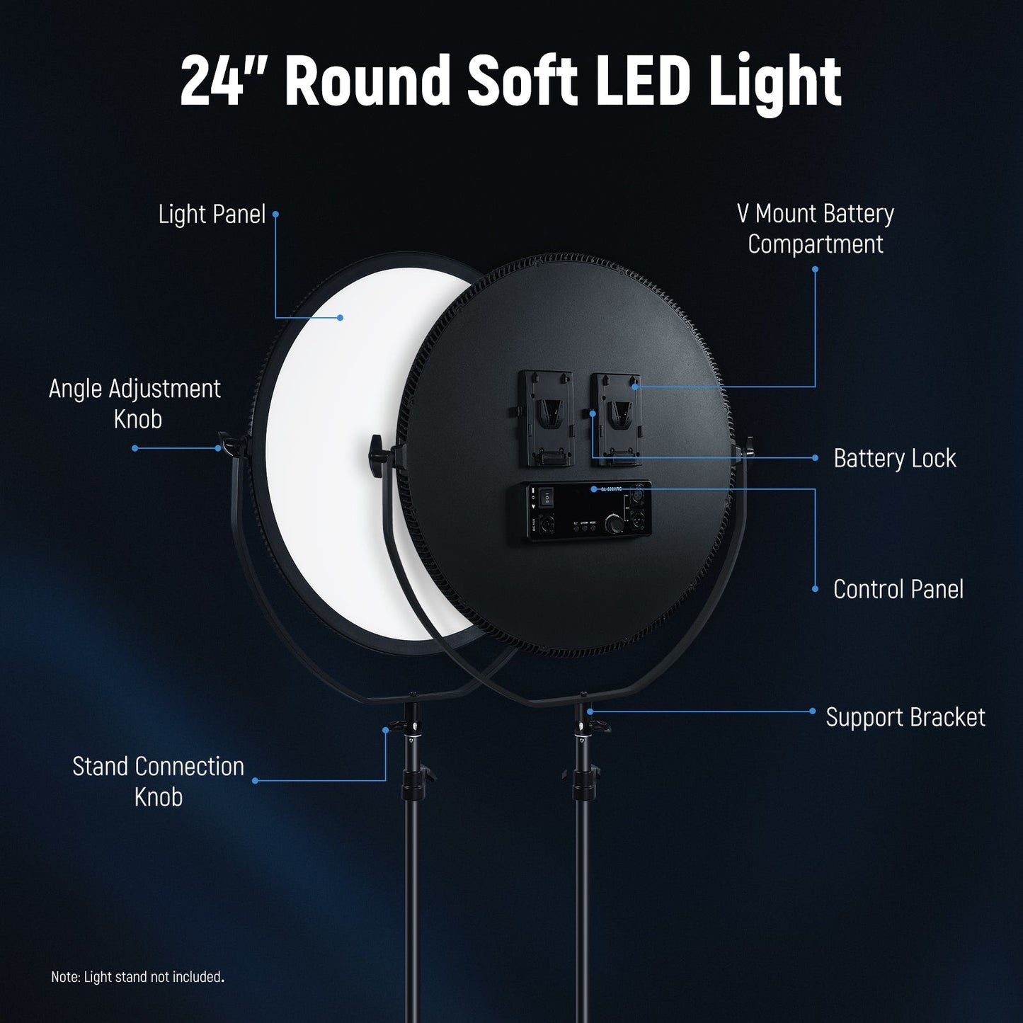 Round Panel Video Light 2.4G & DMX Control, 24" 120W Bi Color Studio Edge Flapjack Lighting with Bag & 2.4G Remote(No