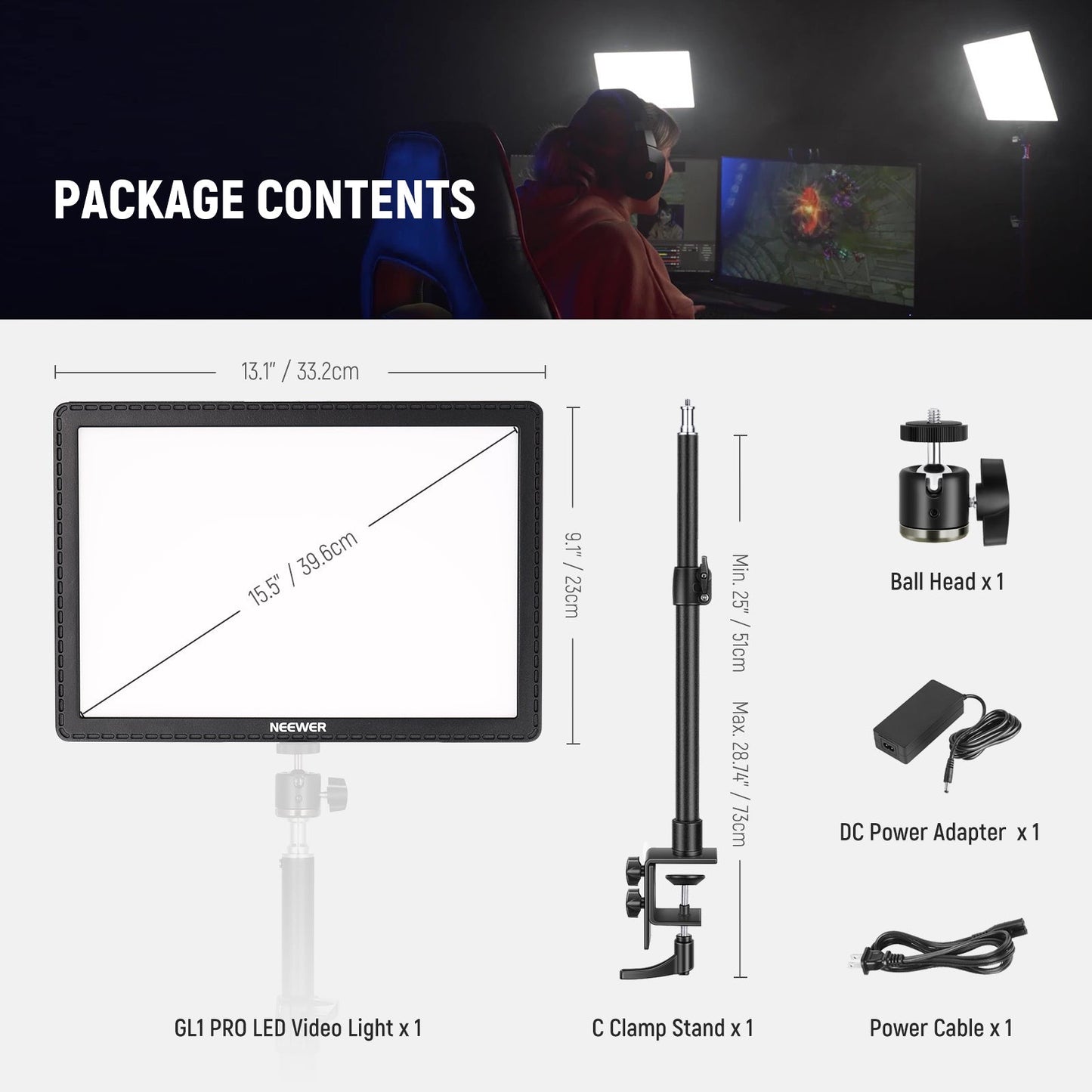 15.5" Key Streaming Light LED Studio Video Light Kit Led Panel Light with C-Clamp Stand for Gaming Video Recording