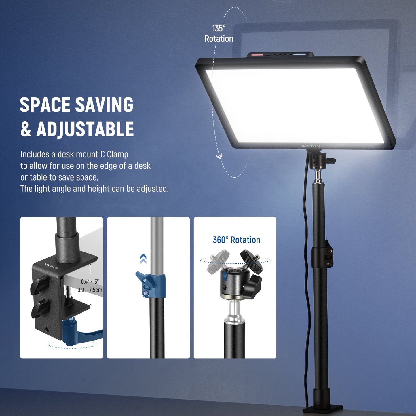 15.5" Key Streaming Light LED Studio Video Light Kit Led Panel Light with C-Clamp Stand for Gaming Video Recording