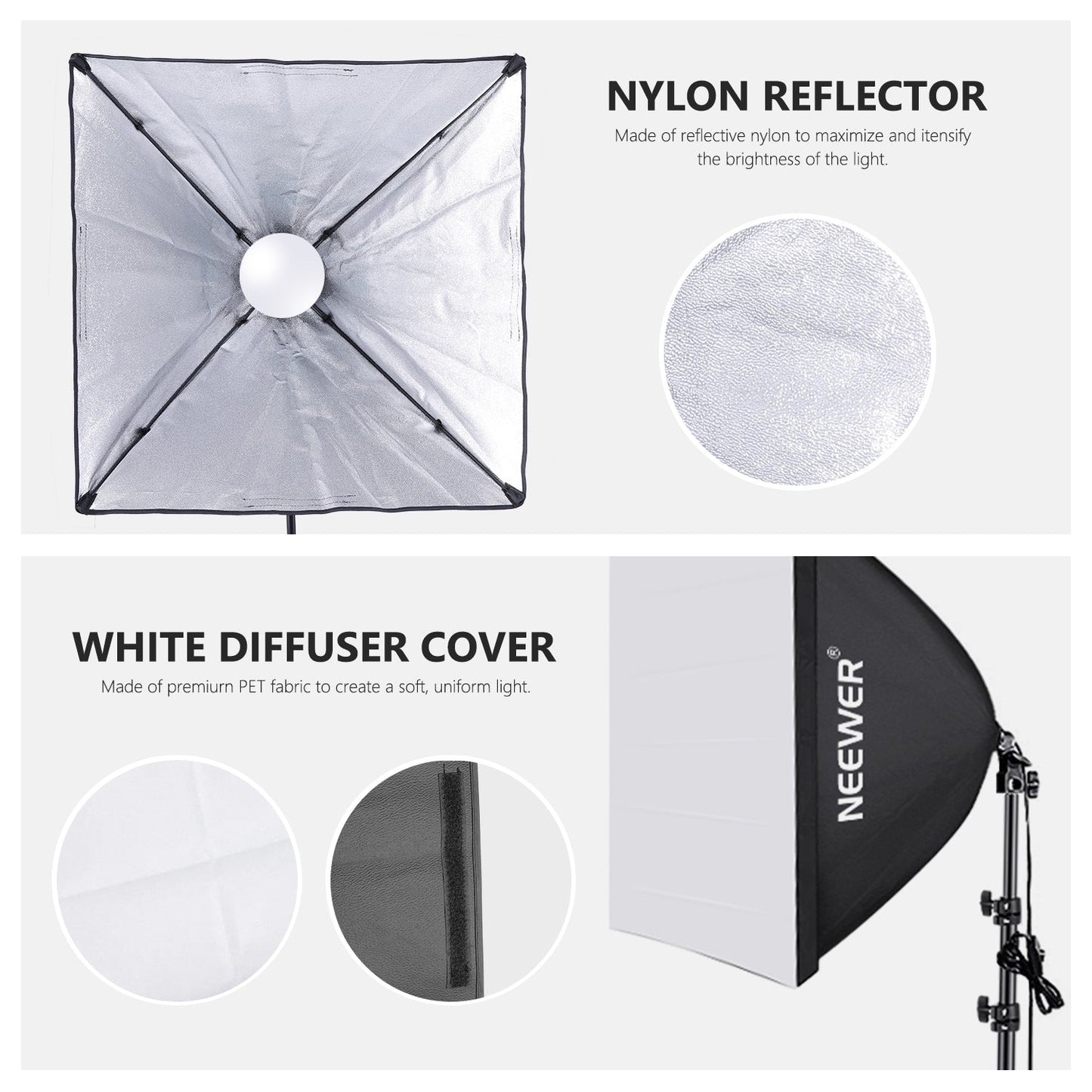 700W Equivalent Softbox Lighting Kit, 2Pack UL Certified 5700K LED Lighting Bulbs, 24x24 inches Softboxes with E26