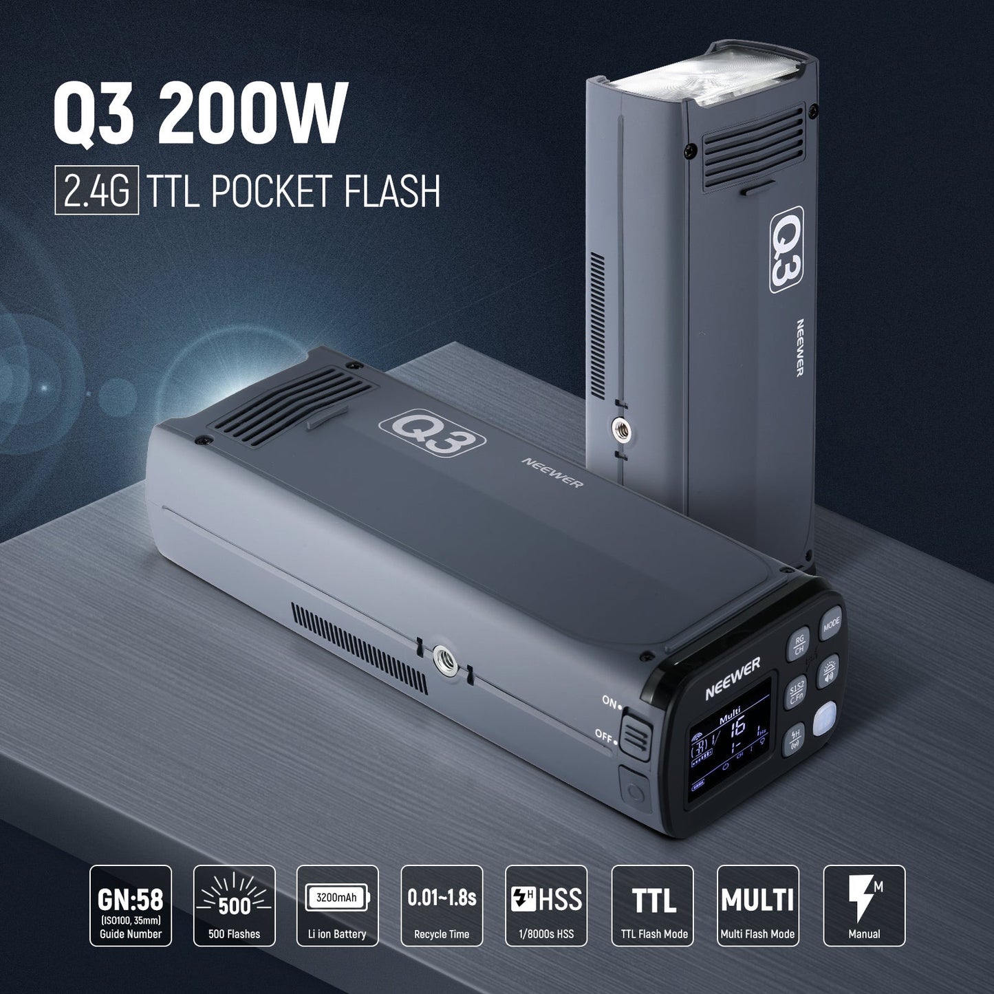 Q3 200Ws 2.4G TTL Flash (2nd Version) 1/8000 HSS GN58 Strobe Light Portable Photography with 3200mAh Lithium Battery