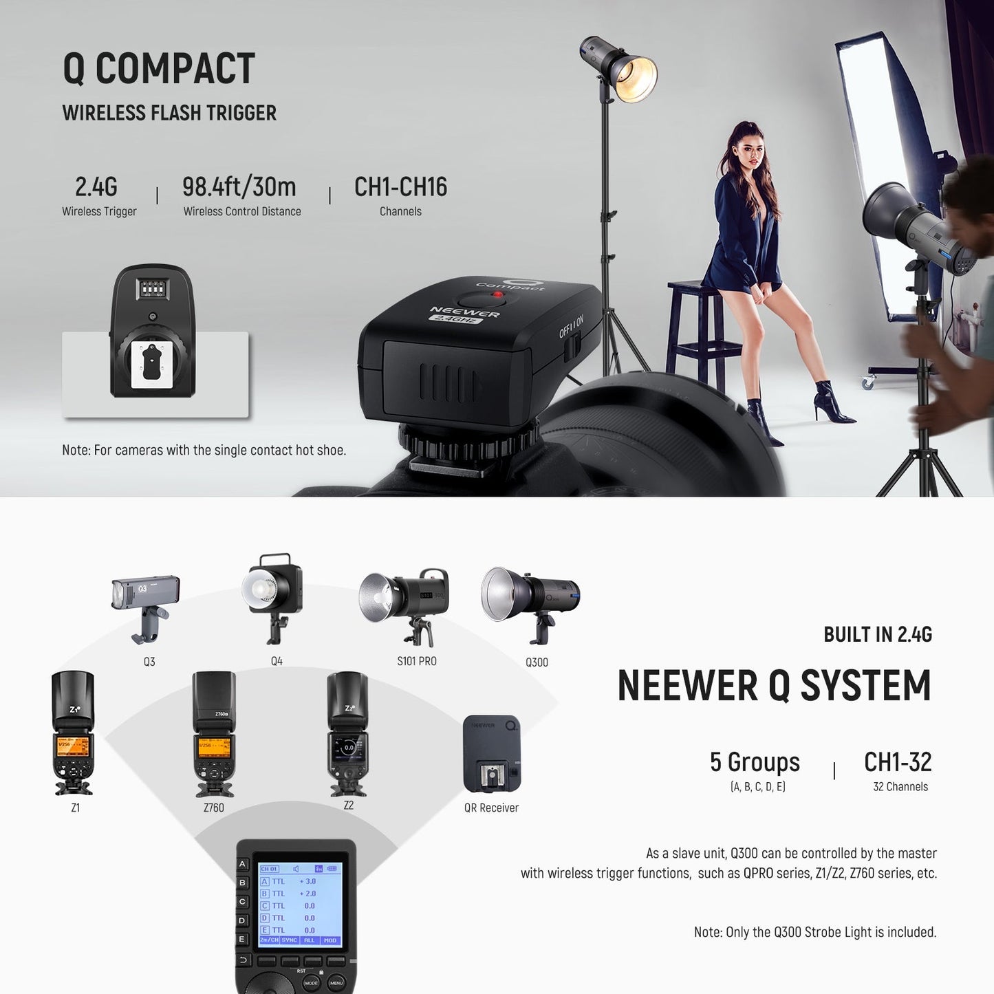 Q300 300Ws 2.4G Outdoor Studio Flash with Q Compact Wireless Trigger, 7800mAh Li ion Battery Powered Strobe Light