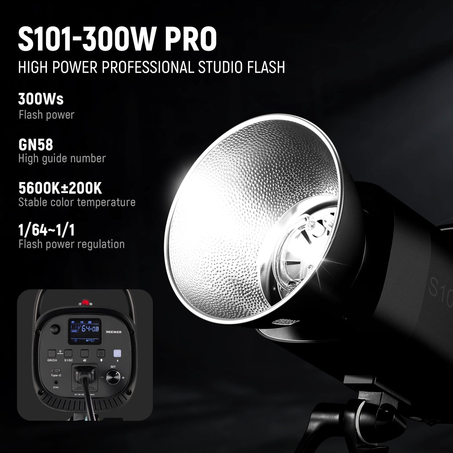 S101-300W Professional Studio Moonlight Strobe Flash Light 300W 5600K with Modeling Lamp Aluminium Alloy Bowens Mount