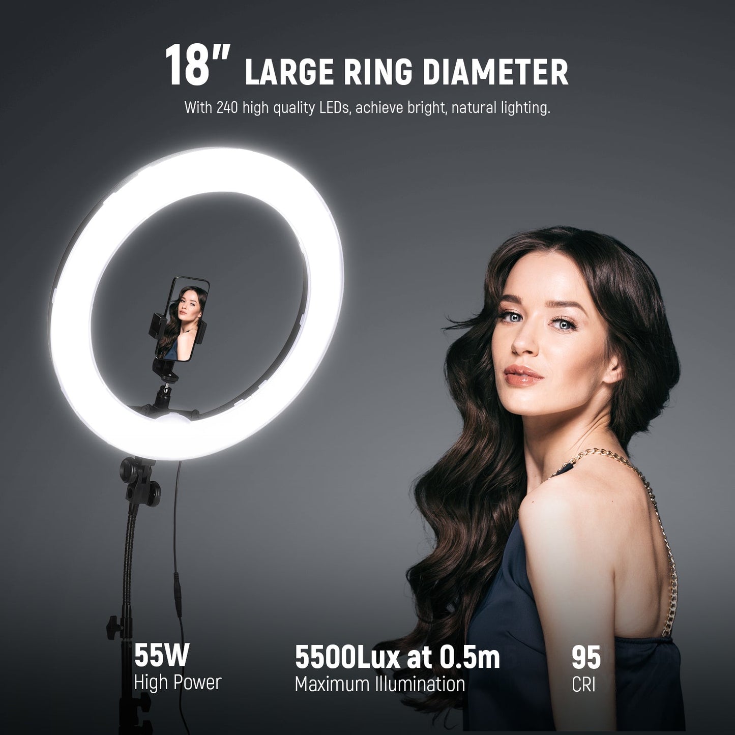 Ring Light Kit 18"/48cm Outer 55W 5500K Dimmable LED Ring Light Light Stand Carrying Bag for Camera