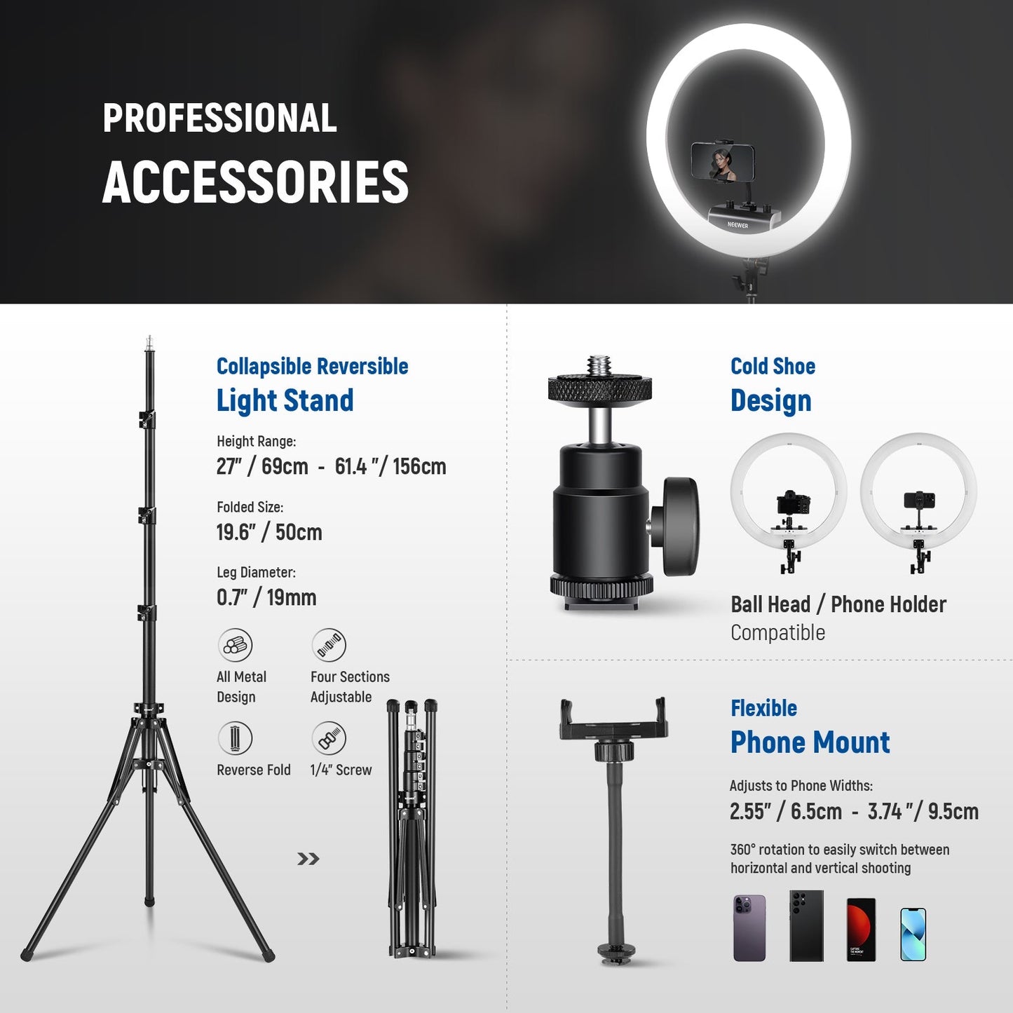 Professional Ring Light with Stand and Phone Holder, 18 inch Ultra Thin, 45W 2900K-7000K TLCI98, Remote Shutter & App