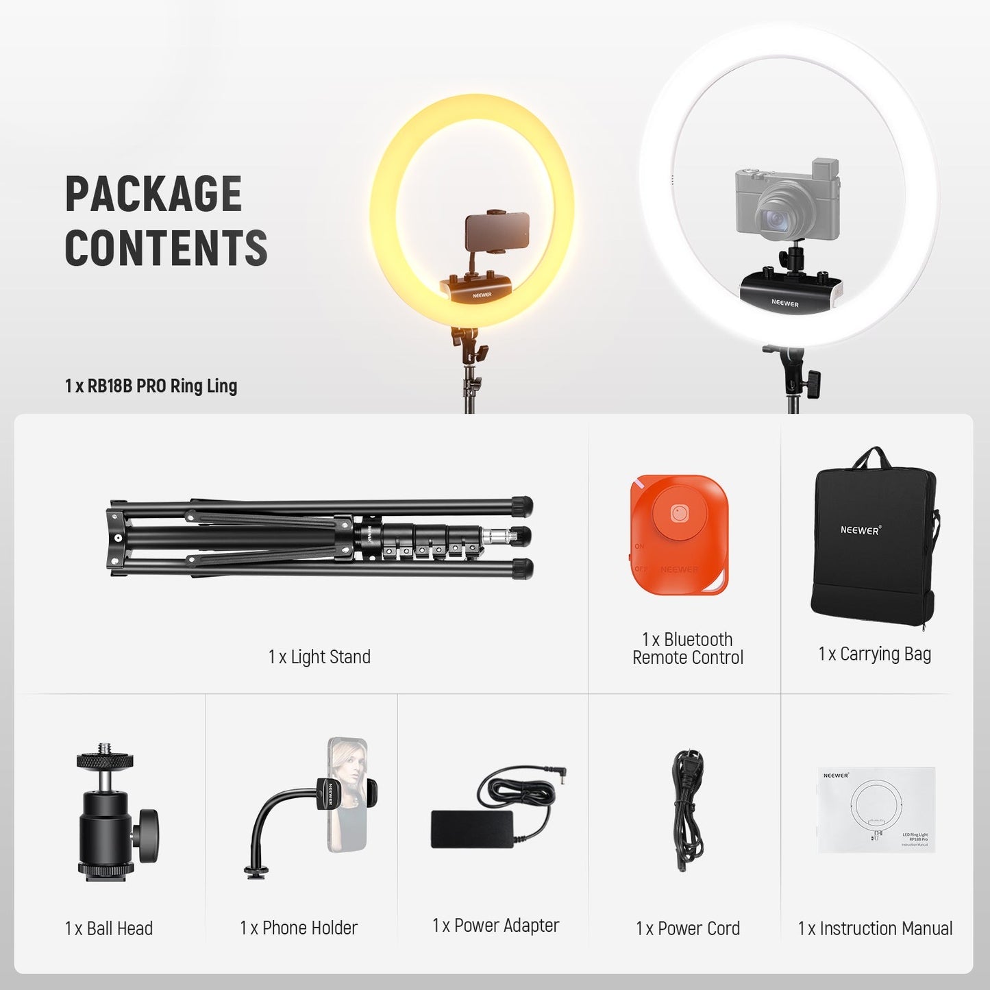 Professional Ring Light with Stand and Phone Holder, 18 inch Ultra Thin, 45W 2900K-7000K TLCI98, Remote Shutter & App