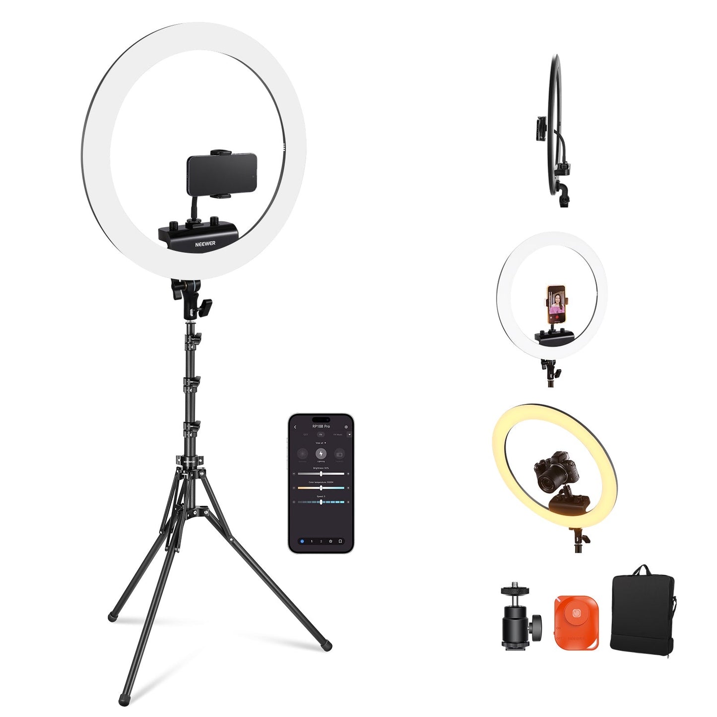 Professional Ring Light with Stand and Phone Holder, 18 inch Ultra Thin, 45W 2900K-7000K TLCI98, Remote Shutter & App