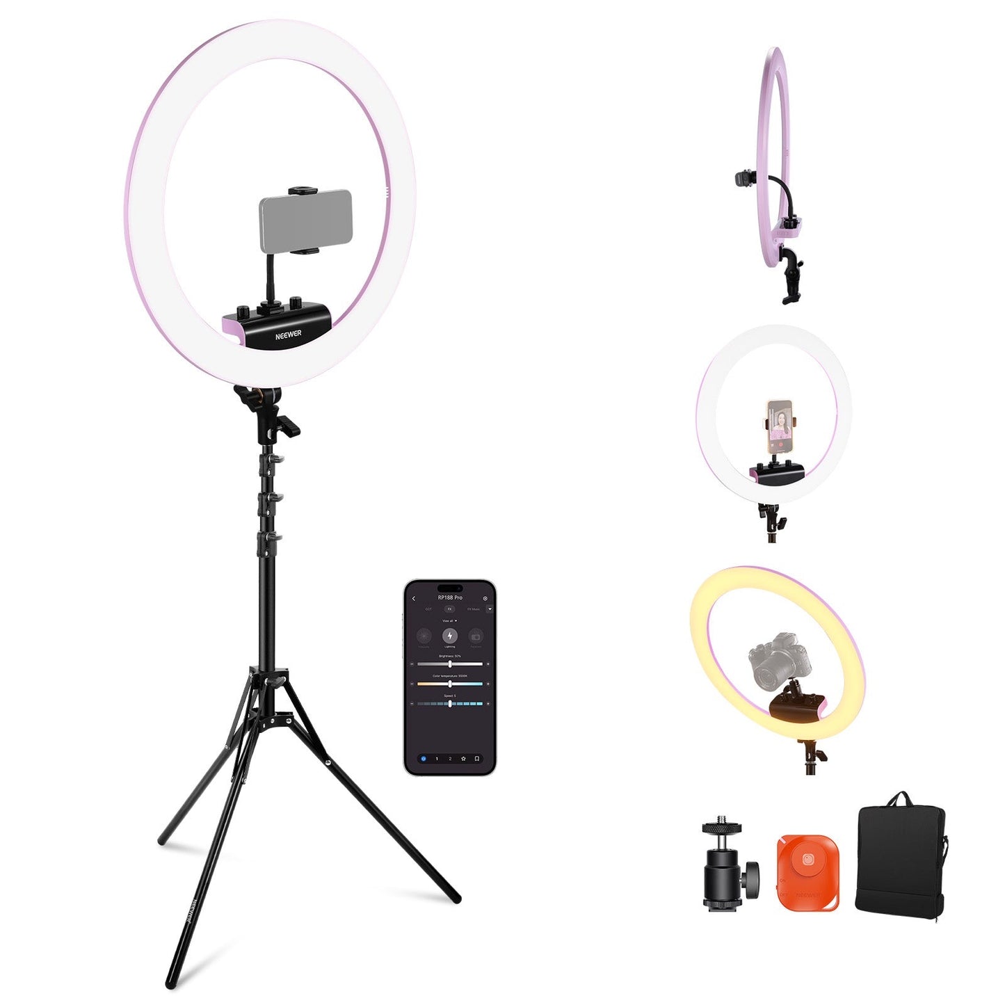 Professional Ring Light with Stand and Phone Holder, 18 inch Ultra Thin, 45W 2900K-7000K TLCI98, Remote Shutter & App