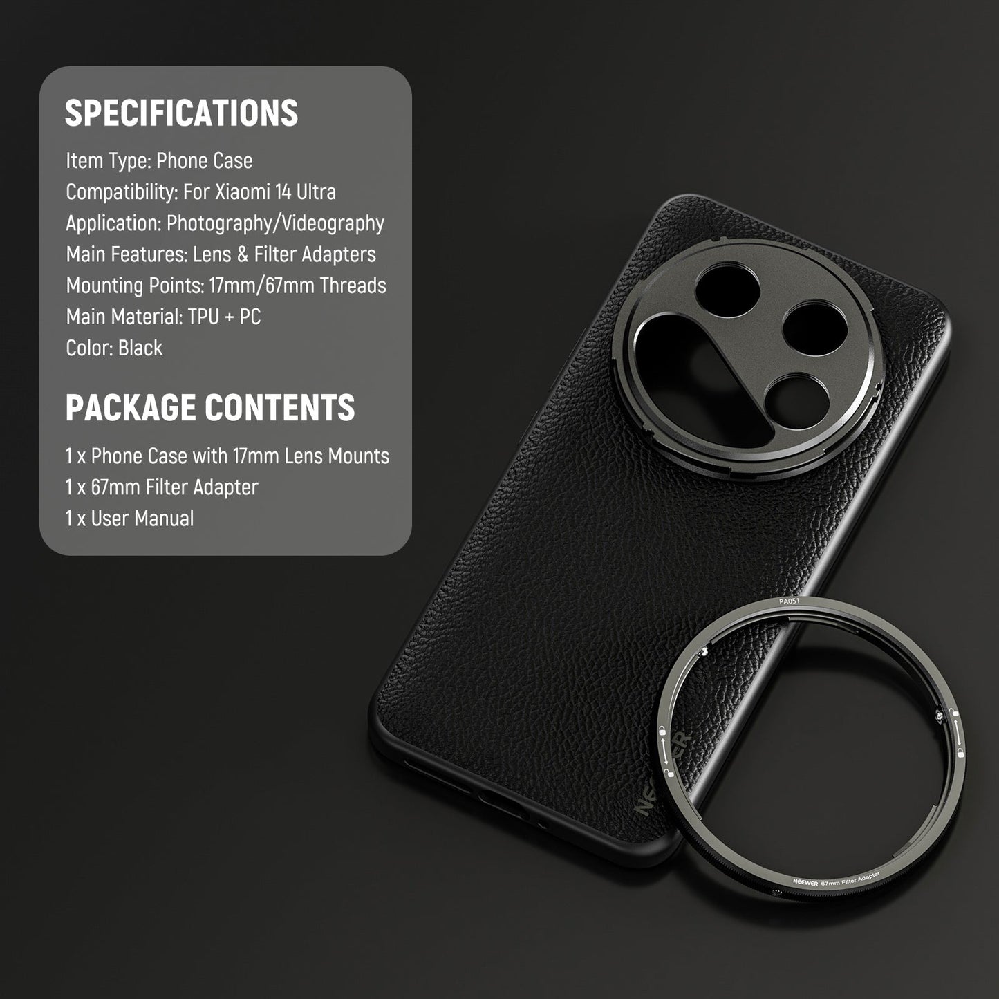 14 Ultra Case Protective Heavy Duty Case with Wireless Charging 17mm Lens Mounts & 67mm Filter Adapter