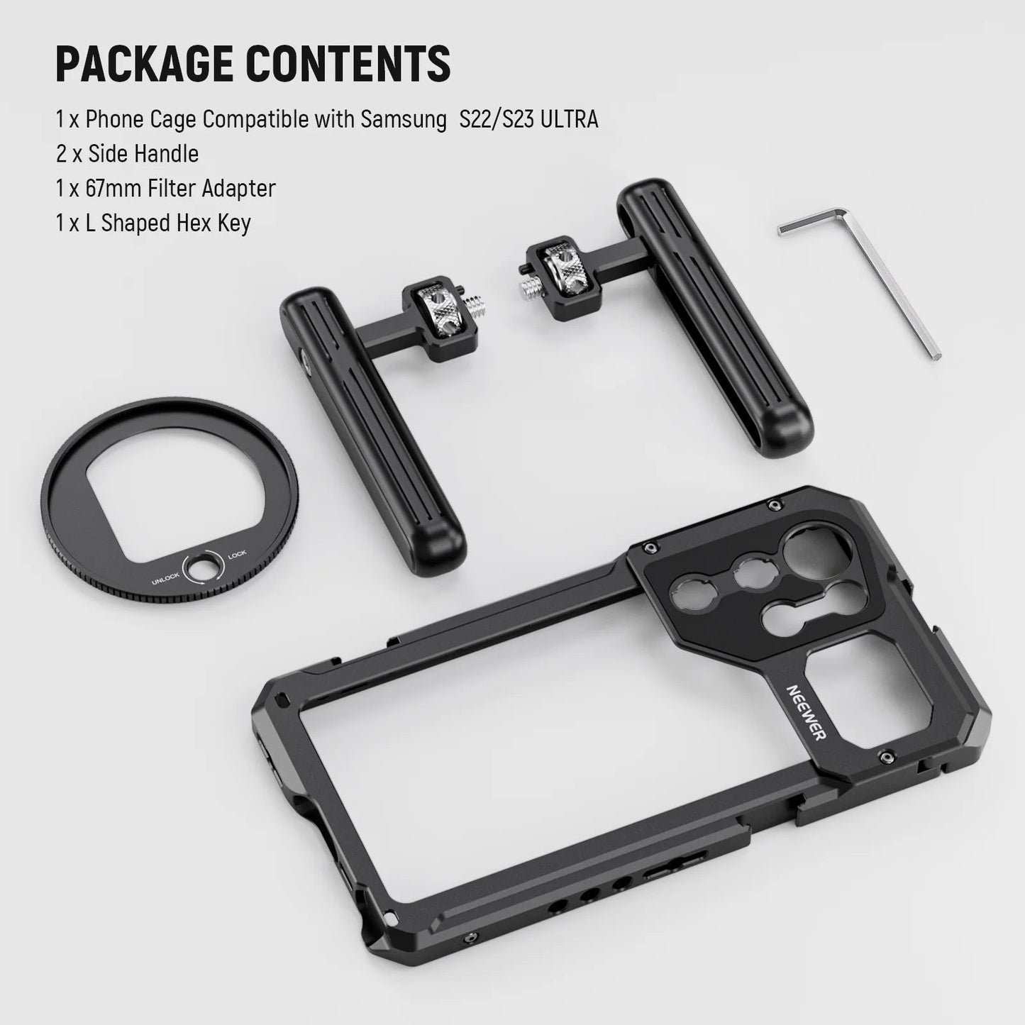 S23 Ultra Cage Video Rig with Dual Side Handles, 67mm Lens Filter Thread Adapter, All Metal Mobile Phone Stabilizer for