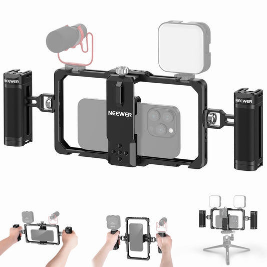 pgraded Phone Rig Vlogging Kit, Video Stabilizer with Dual Handle, Wireless Mic Clip Slot for Tiktok/YouTube