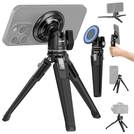 /4" Threads Single Hand Grip Selfie Stick Metal Tabletop Mini Tripod with 360 Ball Head NEEWER Magnetic Phone Tripod Set