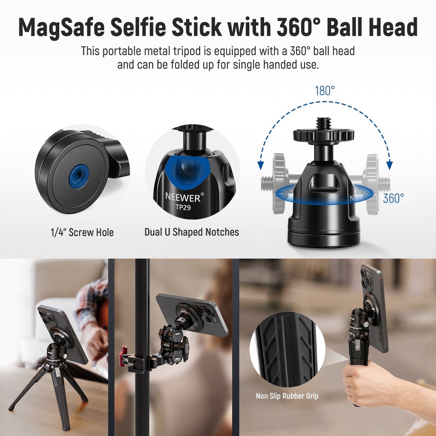 /4" Threads Single Hand Grip Selfie Stick Metal Tabletop Mini Tripod with 360 Ball Head NEEWER Magnetic Phone Tripod Set