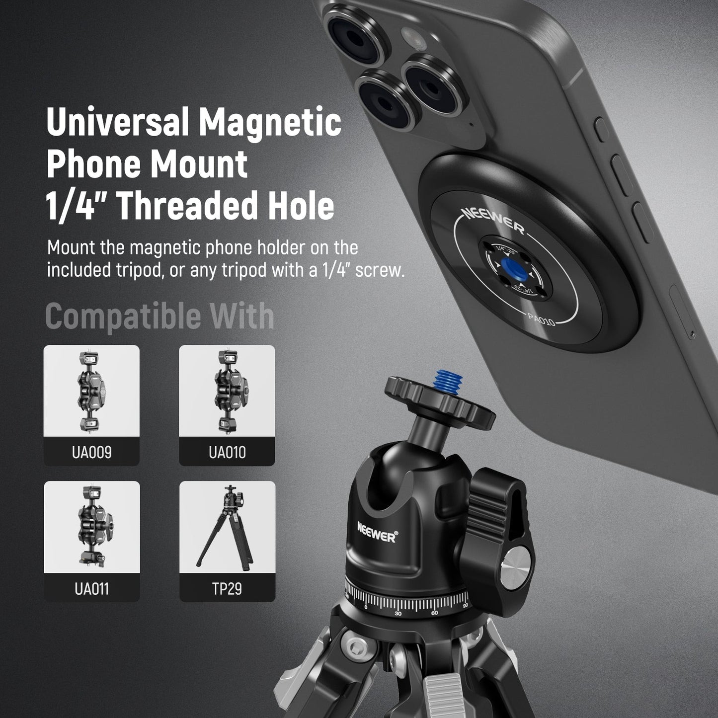 /4" Threads Single Hand Grip Selfie Stick Metal Tabletop Mini Tripod with 360 Ball Head NEEWER Magnetic Phone Tripod Set