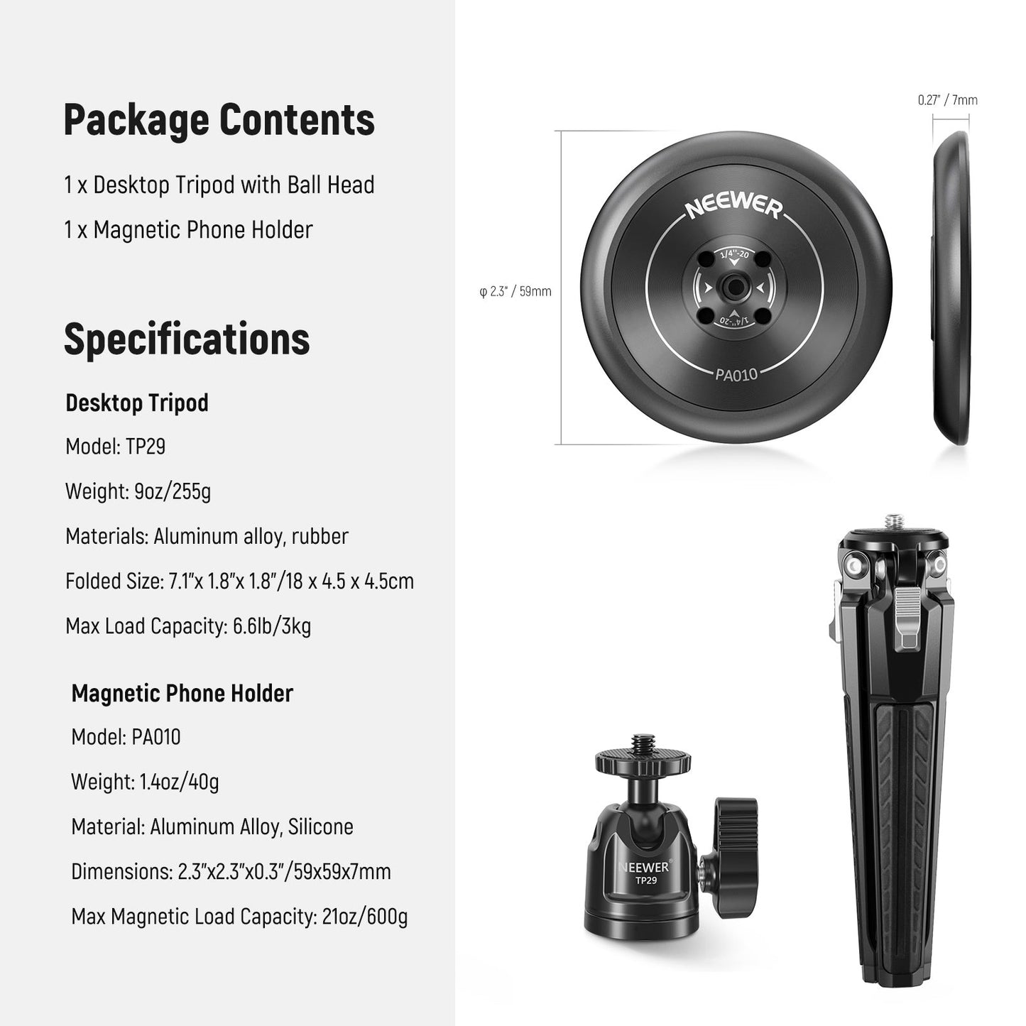 /4" Threads Single Hand Grip Selfie Stick Metal Tabletop Mini Tripod with 360 Ball Head NEEWER Magnetic Phone Tripod Set