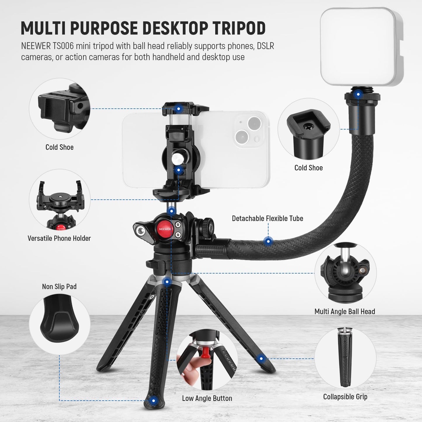 Adjustable Tabletop Tripod Compatible with DSLR Camera with Phone Holder