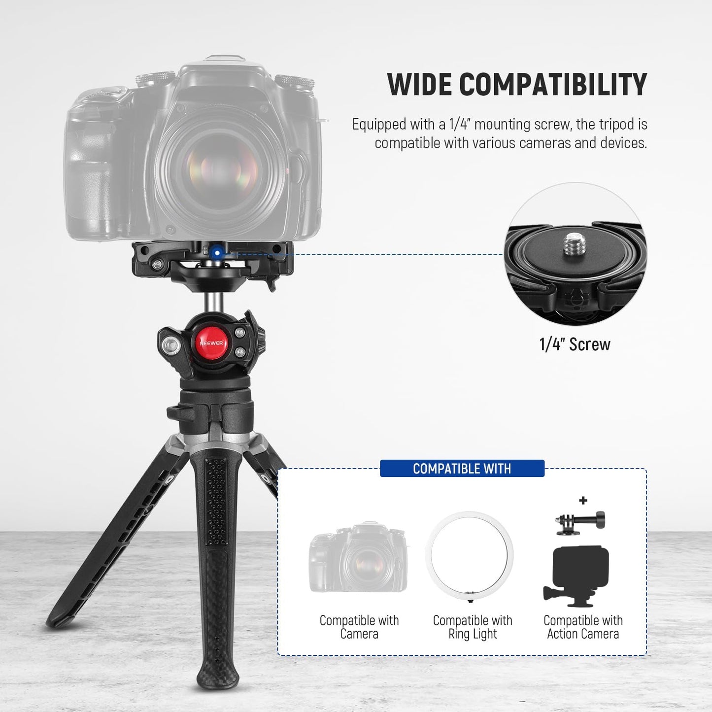 Adjustable Tabletop Tripod Compatible with DSLR Camera with Phone Holder