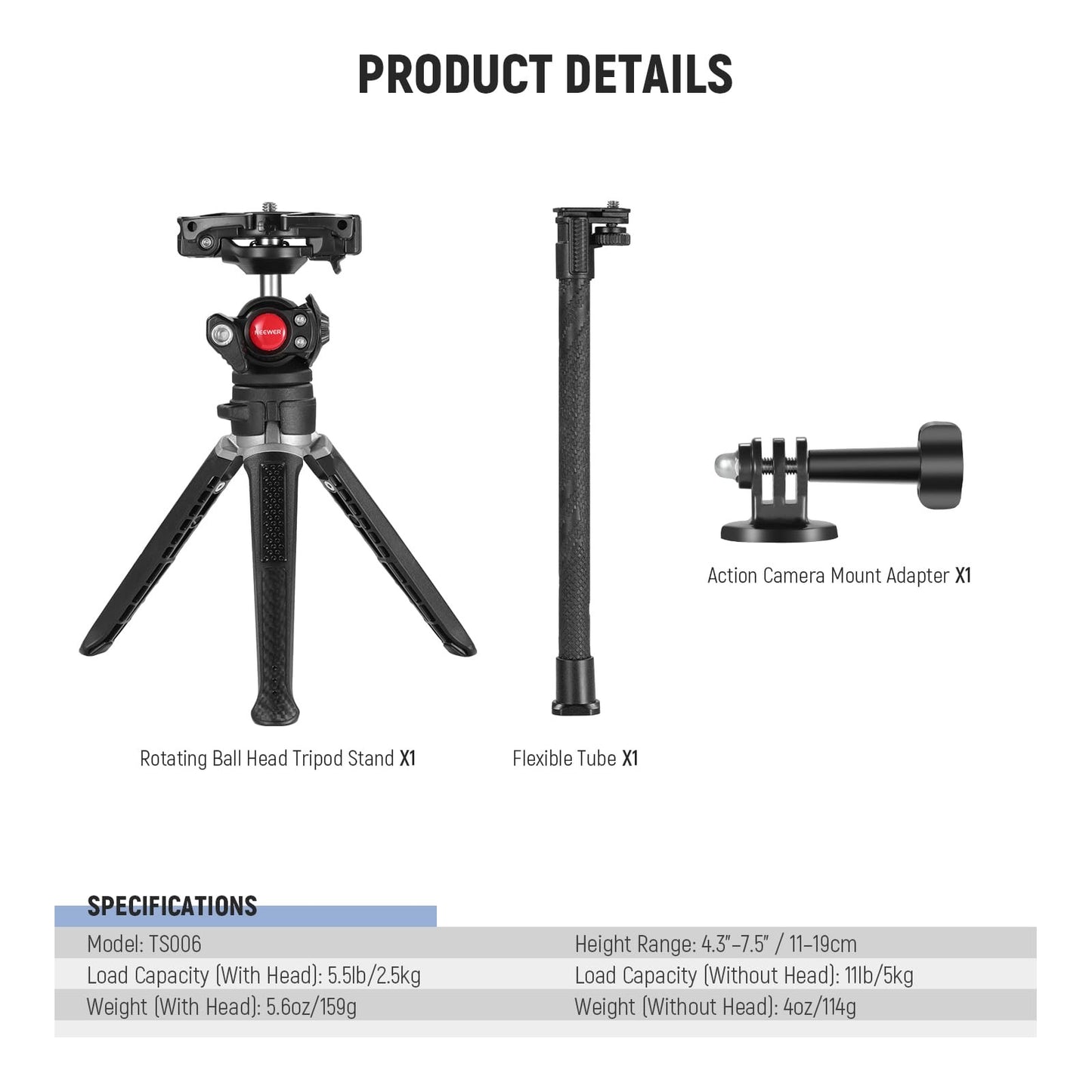 Adjustable Tabletop Tripod Compatible with DSLR Camera with Phone Holder