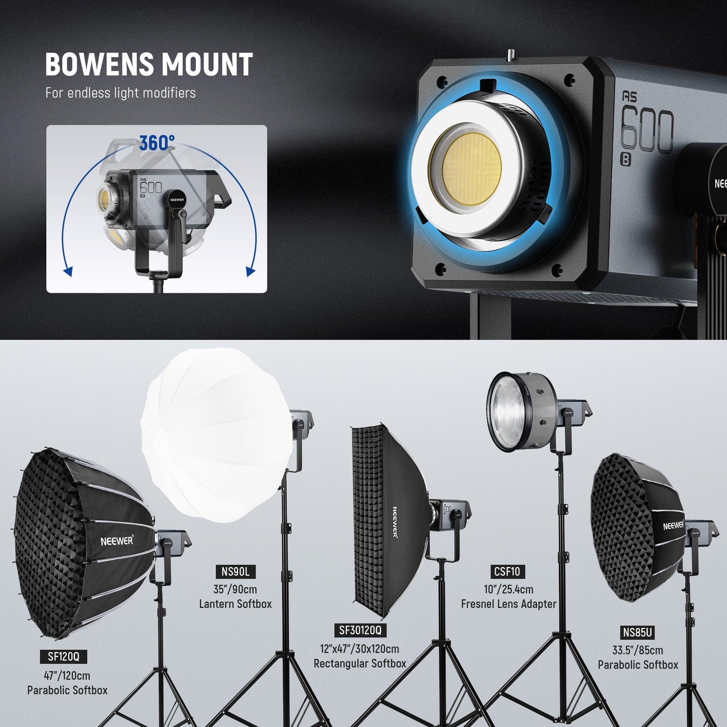 AS600B COB LED Continuous Output Video Light with 2.4G/APP Control 600W Bowens Mount Silent Fan for TV News Studio