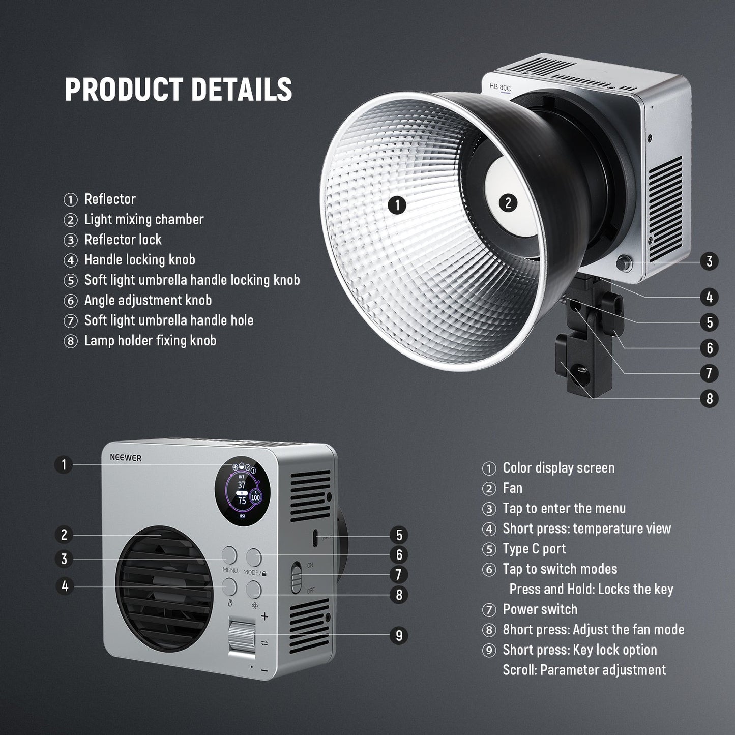 HB80C RGBWW LED Video Light with Built-in 72Wh Battery & 100W PD Fast Charging, 80W Mini RGB COB Continuous Output