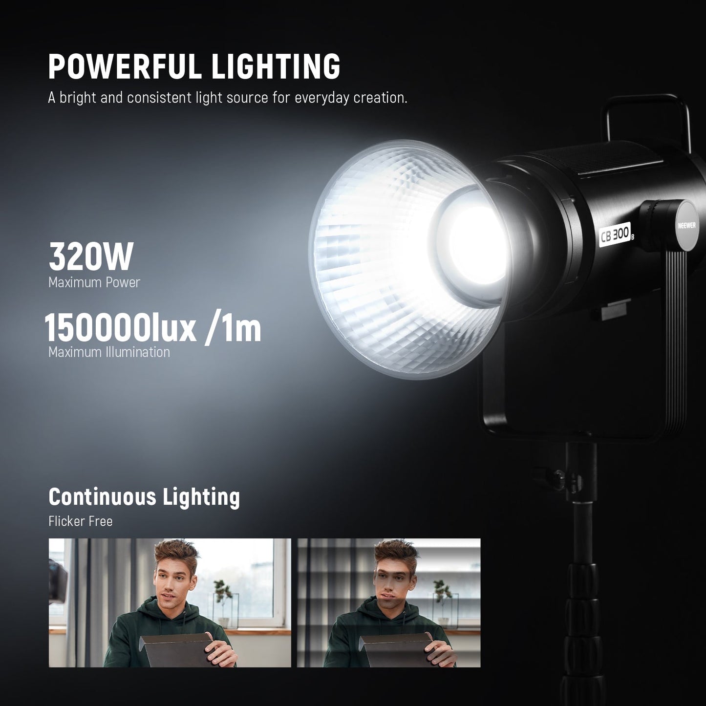 CB200B 210W LED Video Light with 2.4G/APP Remote Control, All Metal Bi Color COB Continuous Output Lighting with Bowens